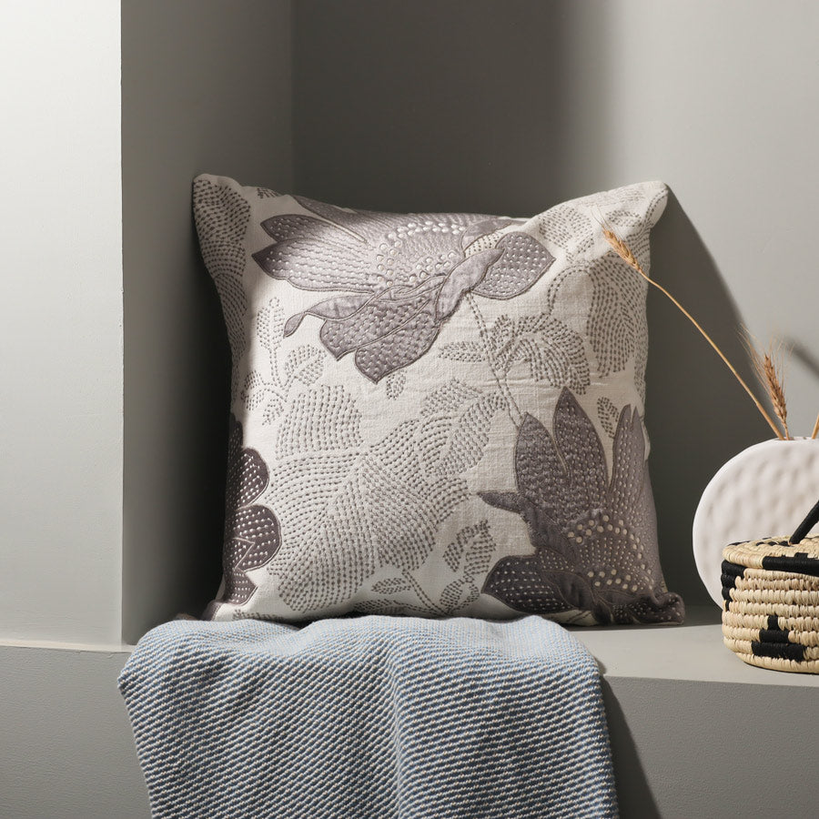 Fiore Applique Cushion Cover - White Grey