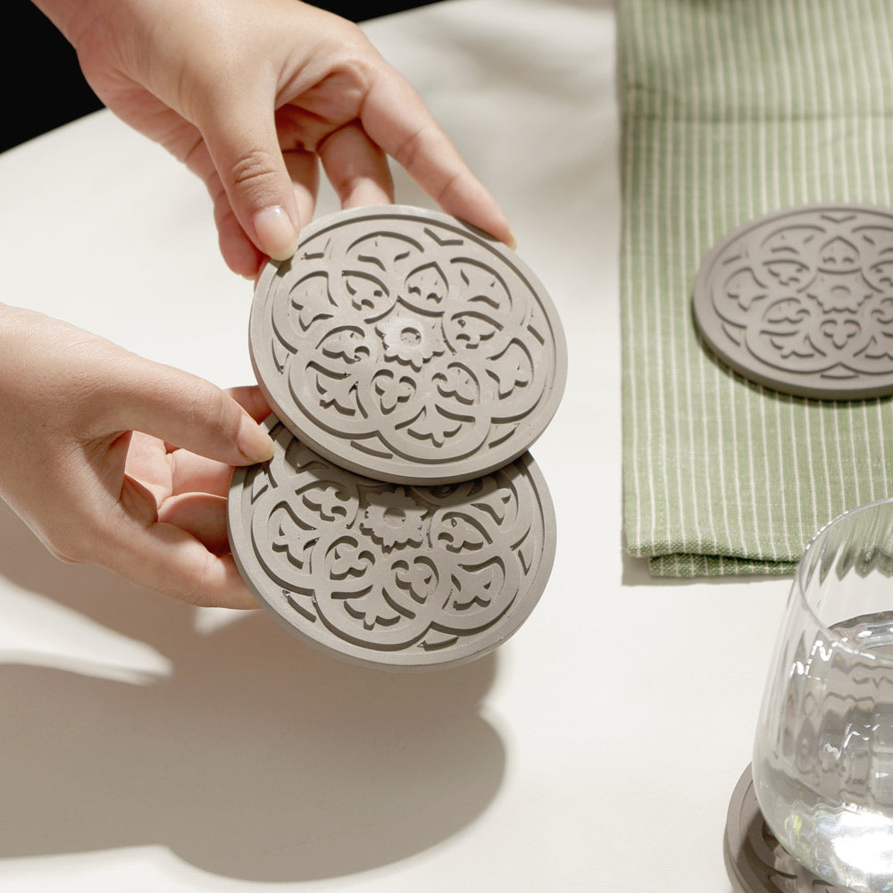 Fleur Round Coasters, Set of 4 - Greige