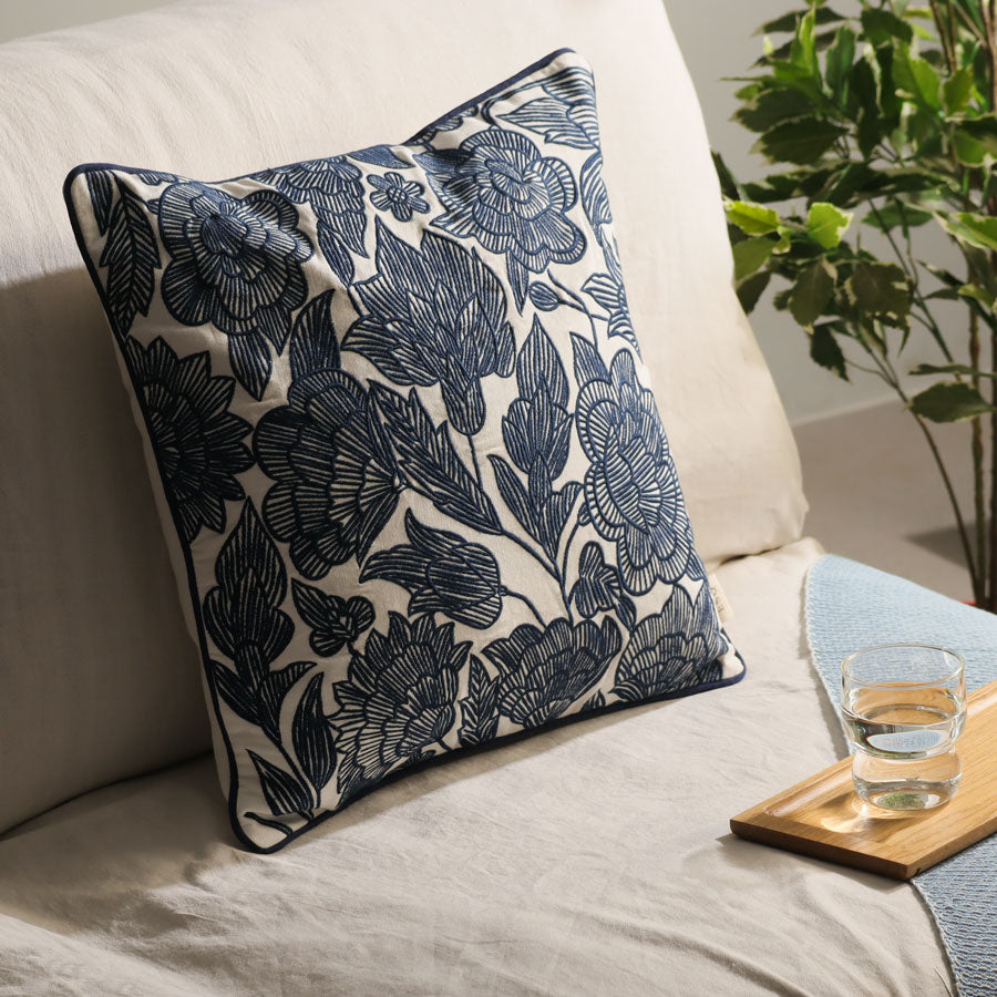 Flora Embroidered Cushion Cover 45x45cm - Dark Blue