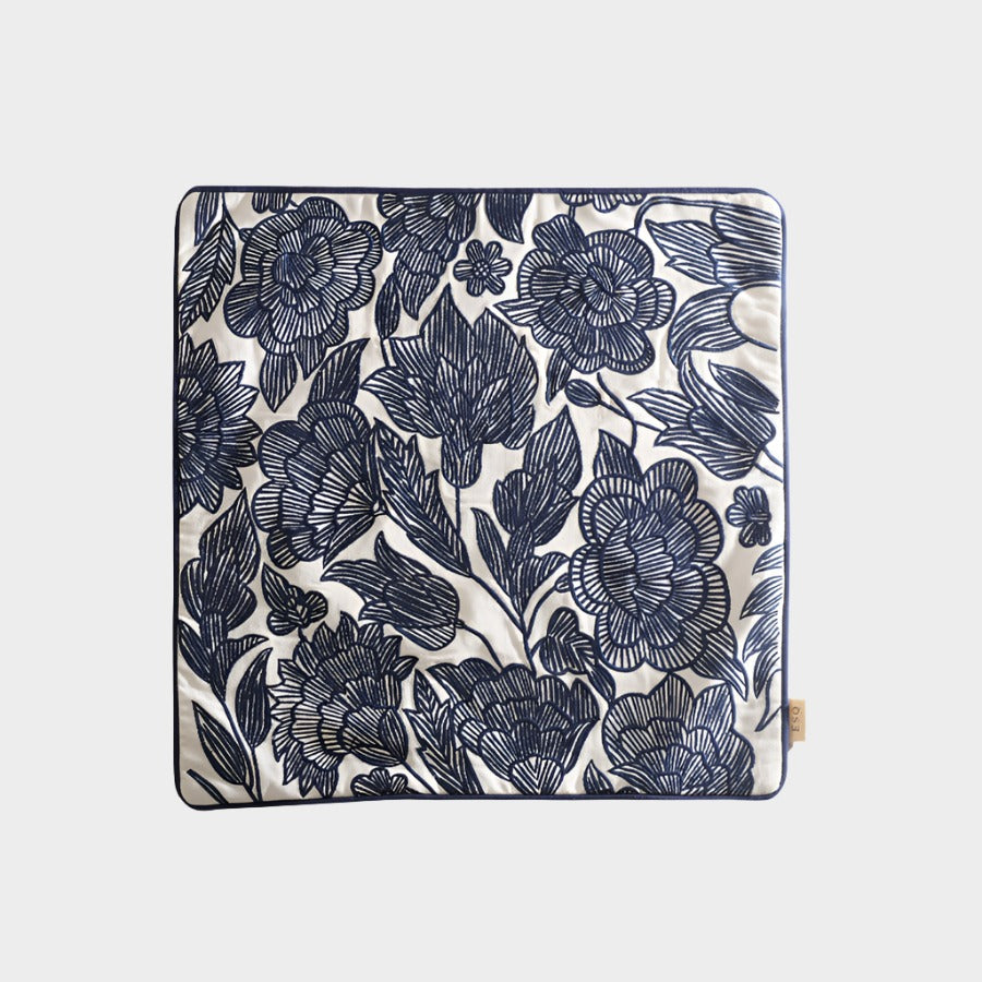 Flora Embroidered Cushion Cover 45x45cm - Dark Blue