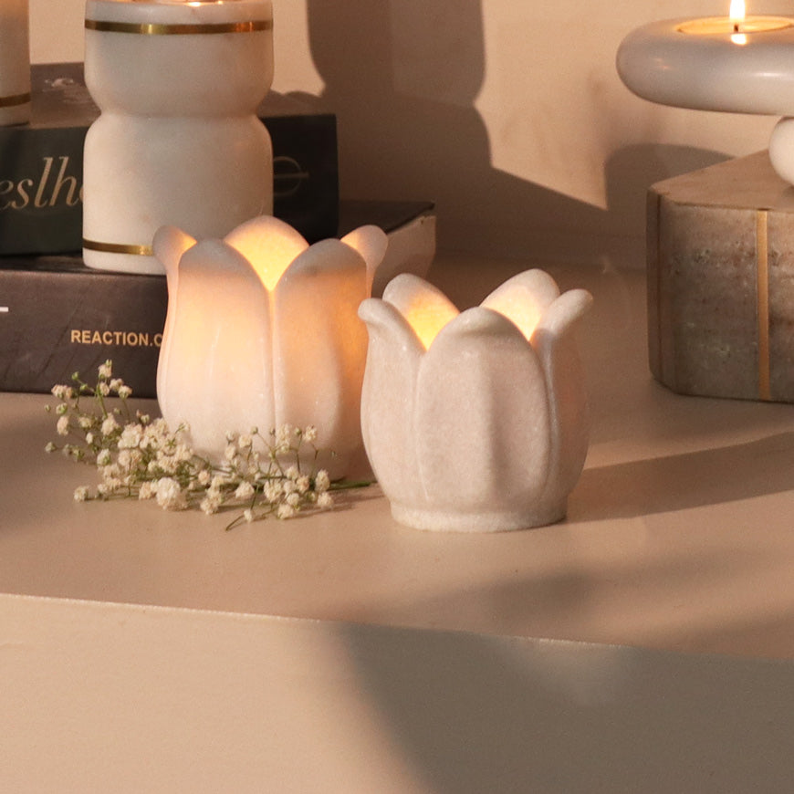 Flora Marble Tealight Holder - White