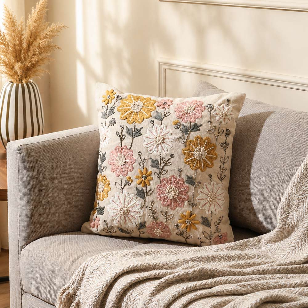 Floral Embroidered Cushion Cover 45x45cm - Multicolor
