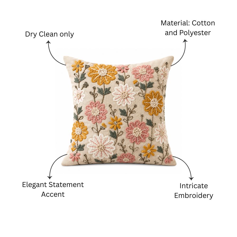 Floral Embroidered Cushion Cover 45x45cm - Multicolor