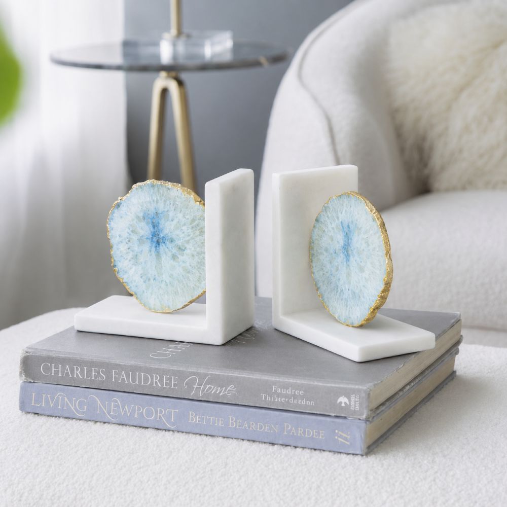 Geode Bookends with Marble Base, Set of 2