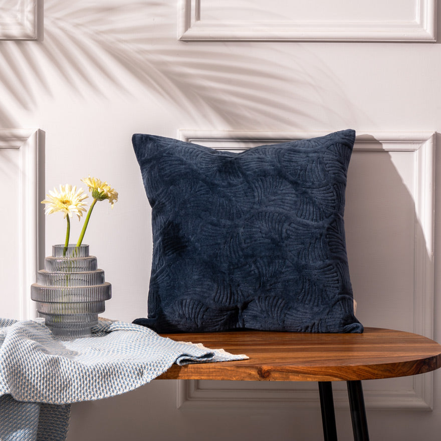 Ginkgo Quilted Cushion Cover 45x45cm - Navy Blue