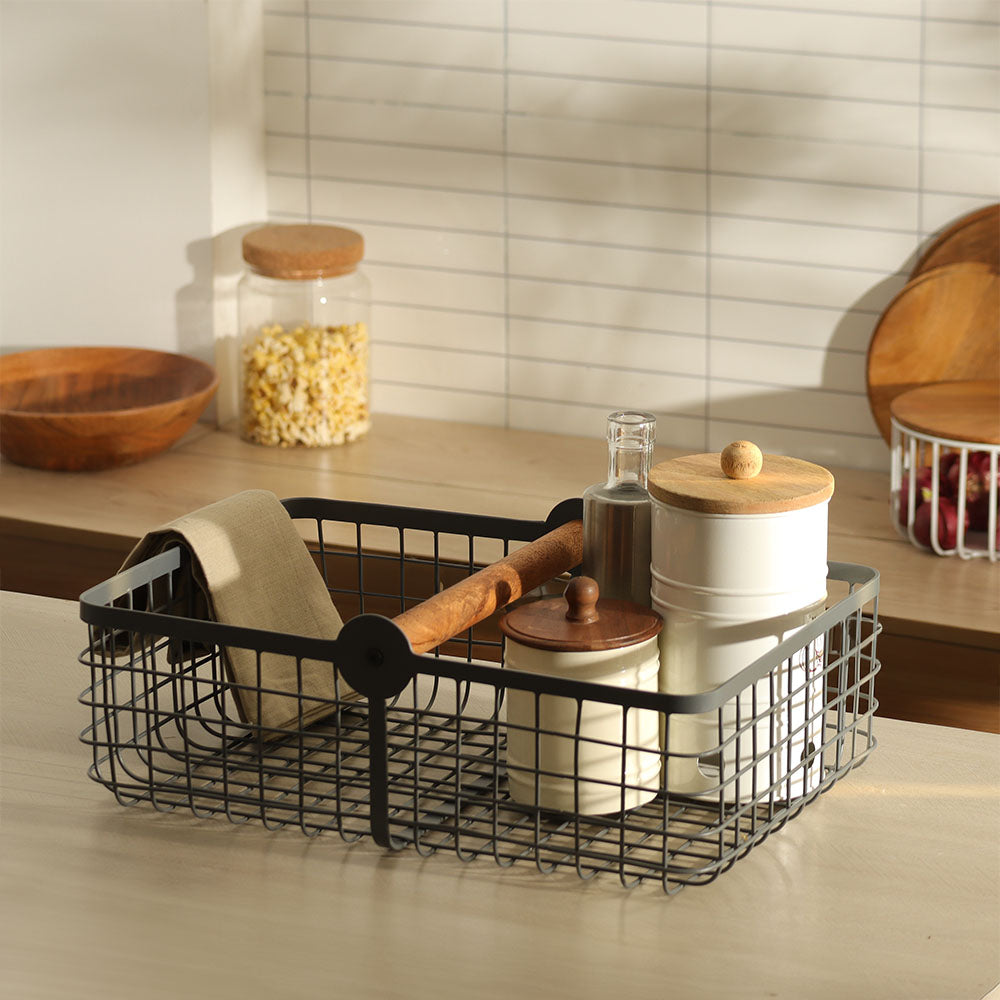 Grid Storage Basket with Handle Large - Grey