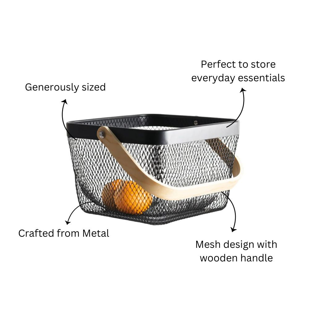 Grid Storage Basket with Wooden Handle - Black