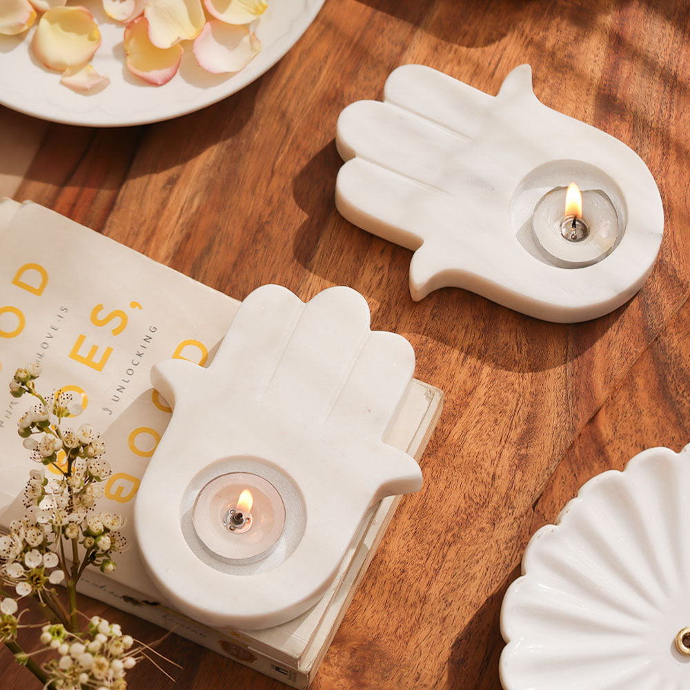 Hamsa Marble Tealight Holder - White