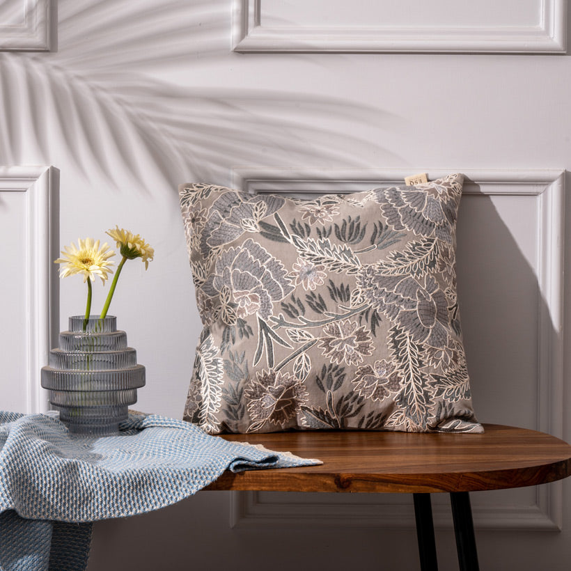 Hana Embroidered Cushion Cover 45x45cm - Beige Grey