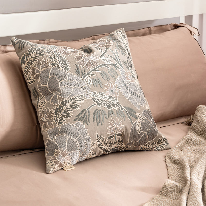 Hana Embroidered Cushion Cover 45x45cm - Beige Grey