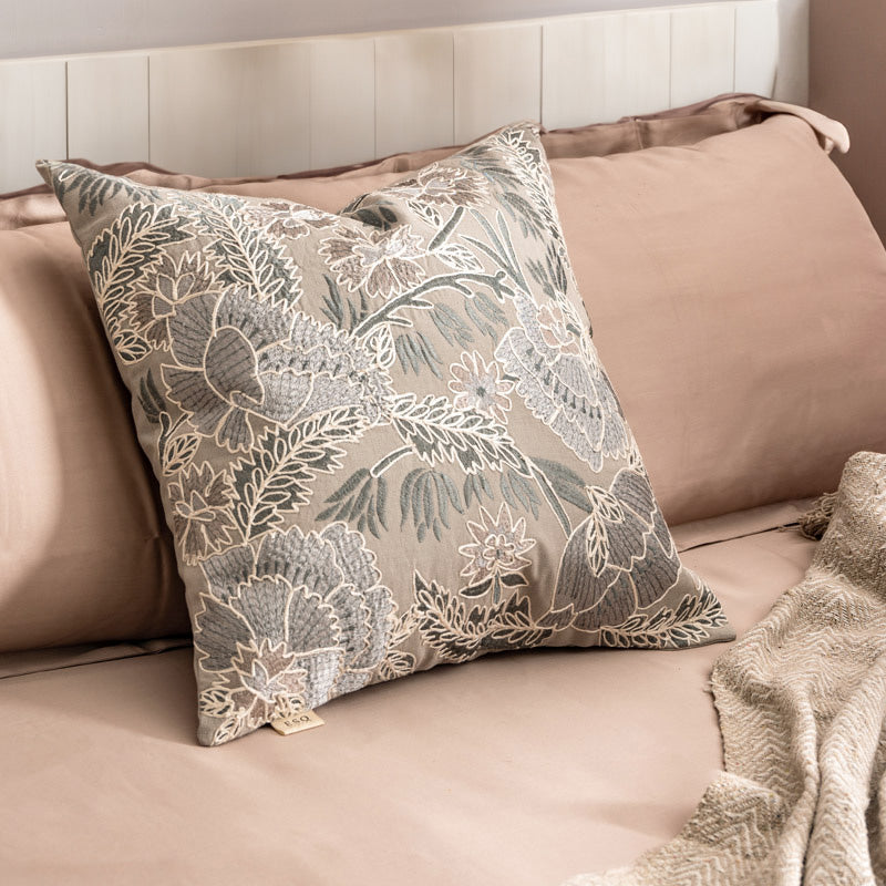 Hana Embroidered Cushion Cover 45x45cm - Beige Grey