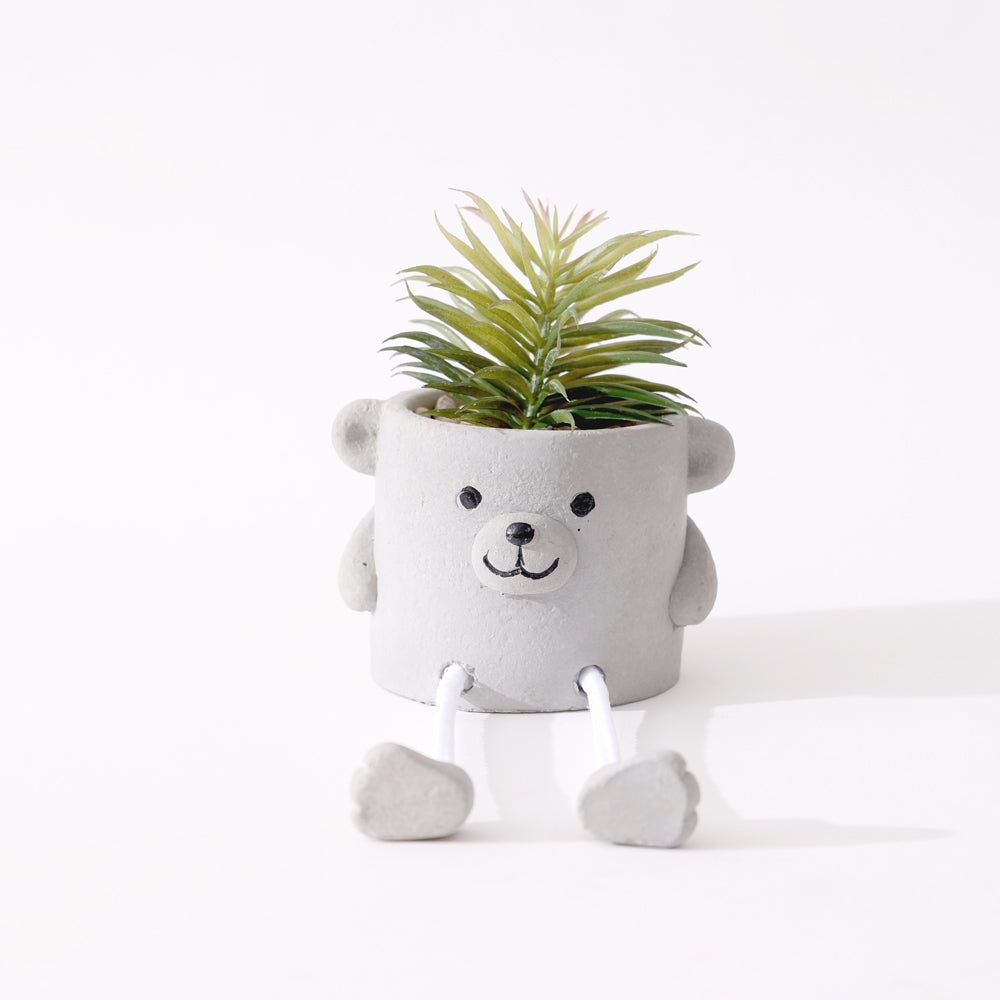 Hangout Bear Planter with Faux Plant - Grey