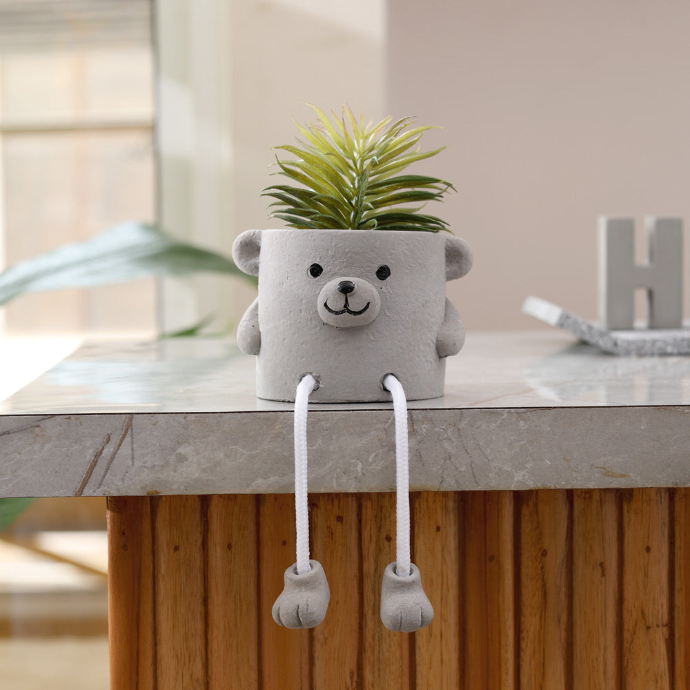 Hangout Bear Planter with Faux Plant - Grey