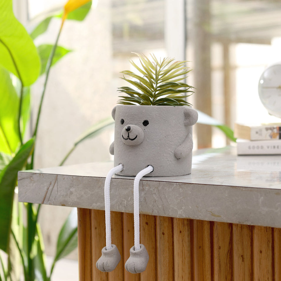 Hangout Bear Planter with Faux Plant - Grey