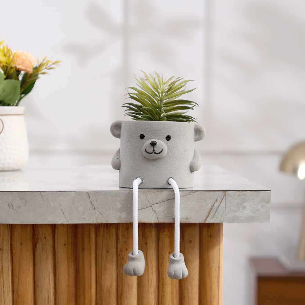 Hangout Bear Planter with Faux Plant - Grey