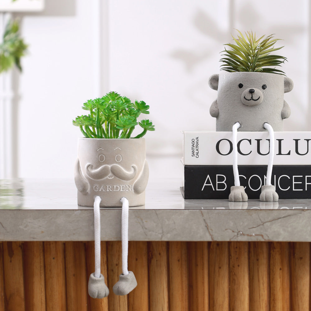 Hangout Bear Planter with Faux Plant - Grey