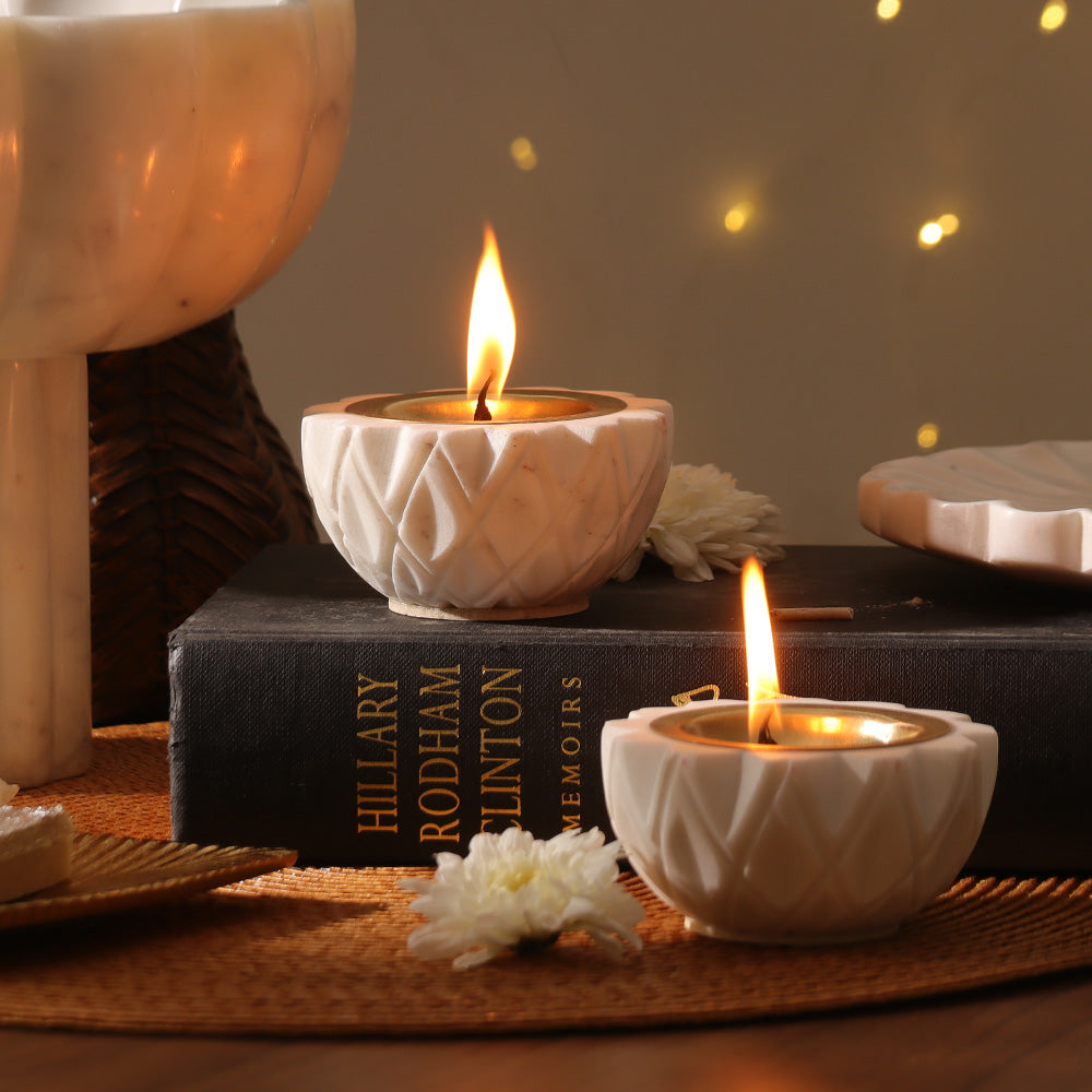 Harlequin Marble & Brass Diyas Small, Set of 2 - White Gold