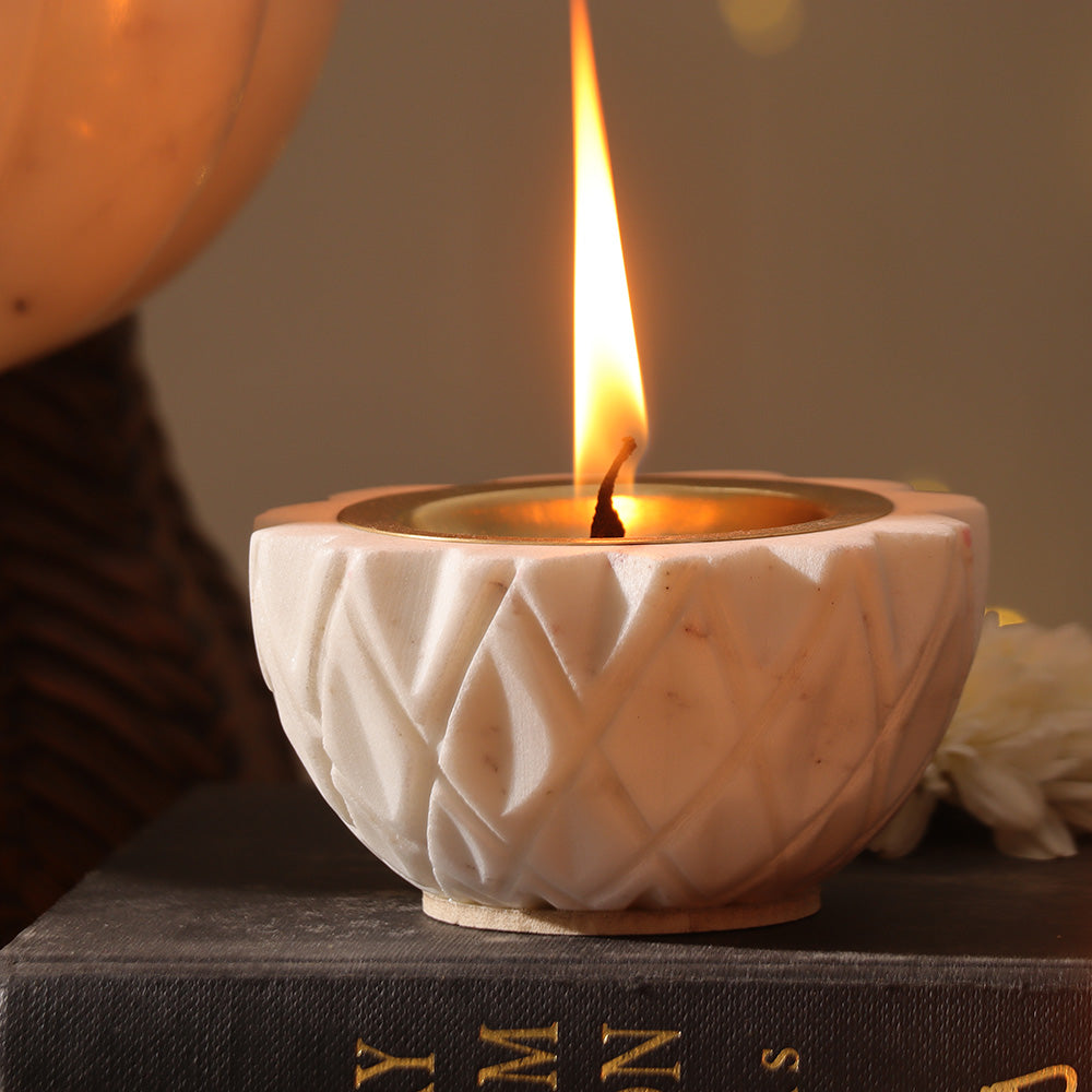 Harlequin Marble & Brass Diyas Small, Set of 2 - White Gold
