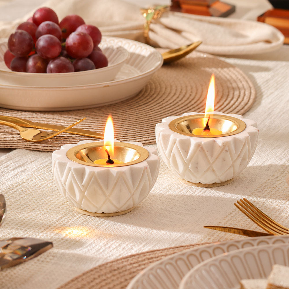 Harlequin Marble & Brass Diyas Small, Set of 2 - White Gold