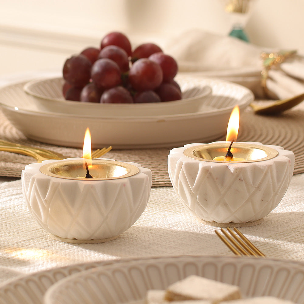 Harlequin Marble & Brass Diyas Small, Set of 2 - White Gold