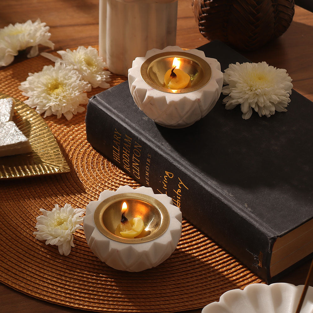 Harlequin Marble & Brass Diyas Small, Set of 2 - White Gold