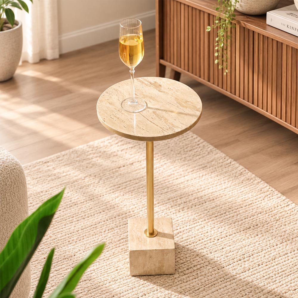 Haute Marble Pedestal Drink Table - Travertine