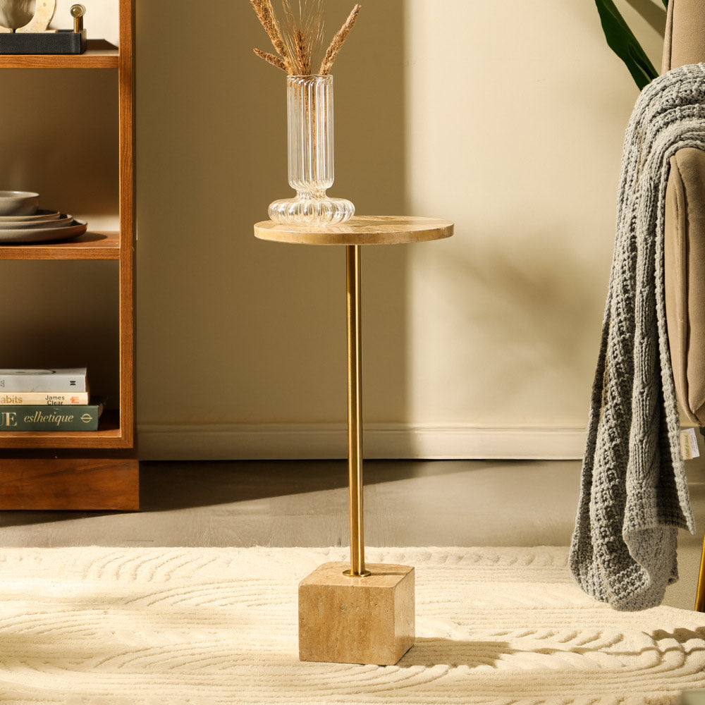 Haute Marble Pedestal Drink Table - Travertine