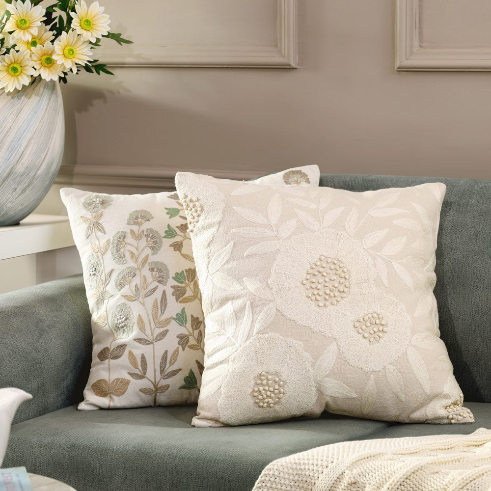 Hellebore Embroidered Cushion Cover 45x45cm - Beige Cream