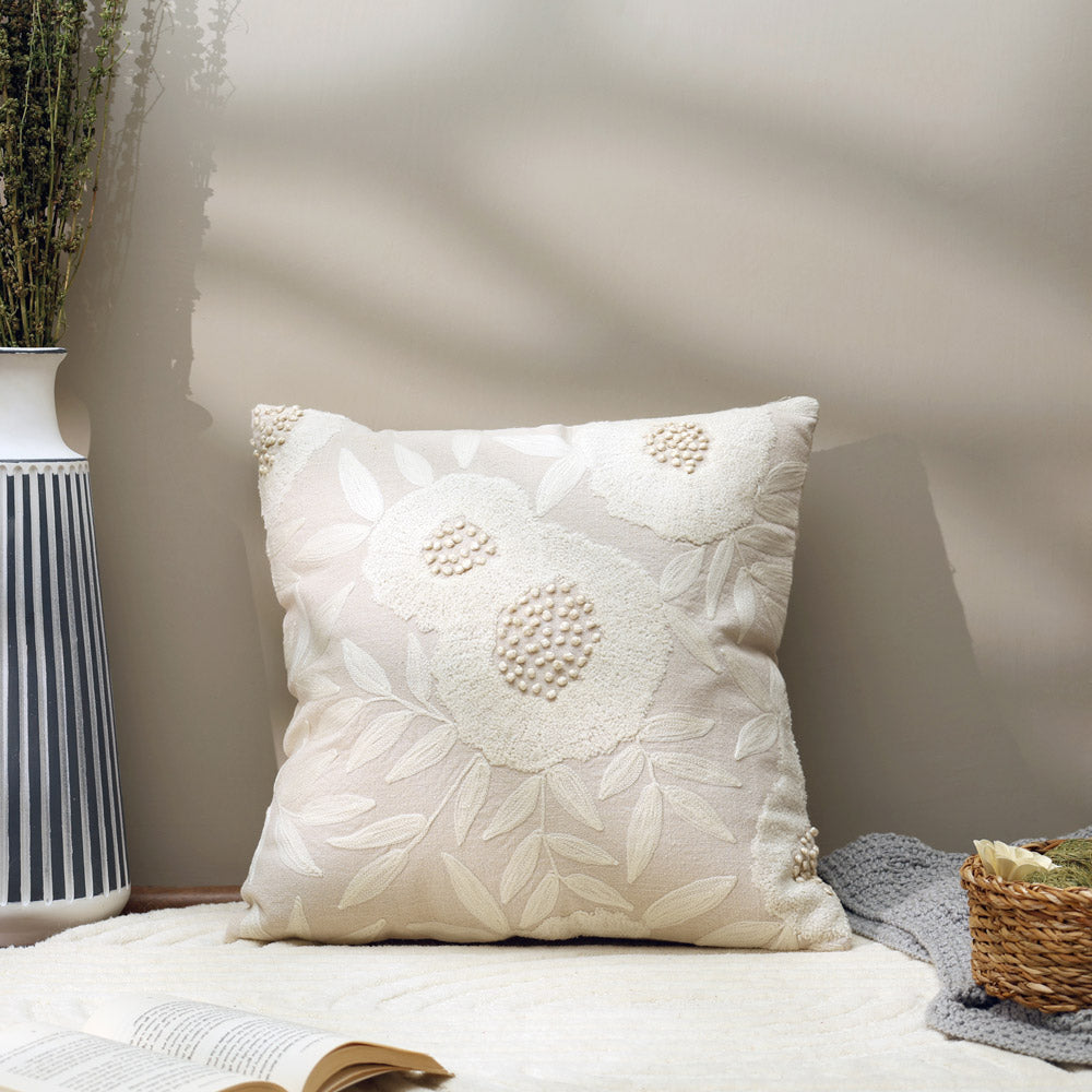 Hellebore Embroidered Cushion Cover 45x45cm - Beige Cream