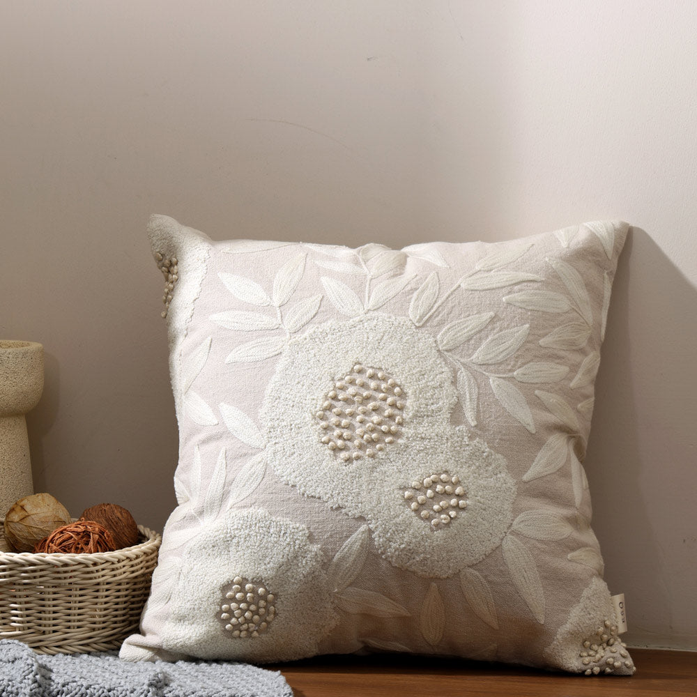 Hellebore Embroidered Cushion Cover 45x45cm - Beige Cream