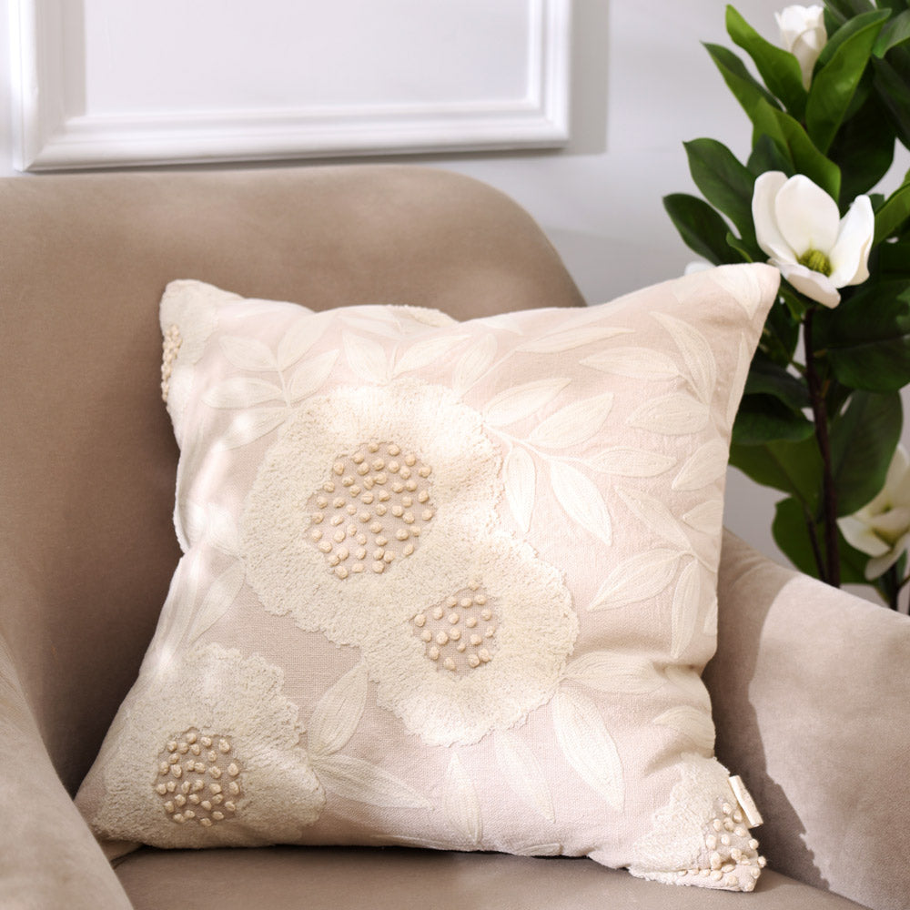Hellebore Embroidered Cushion Cover 45x45cm - Beige Cream