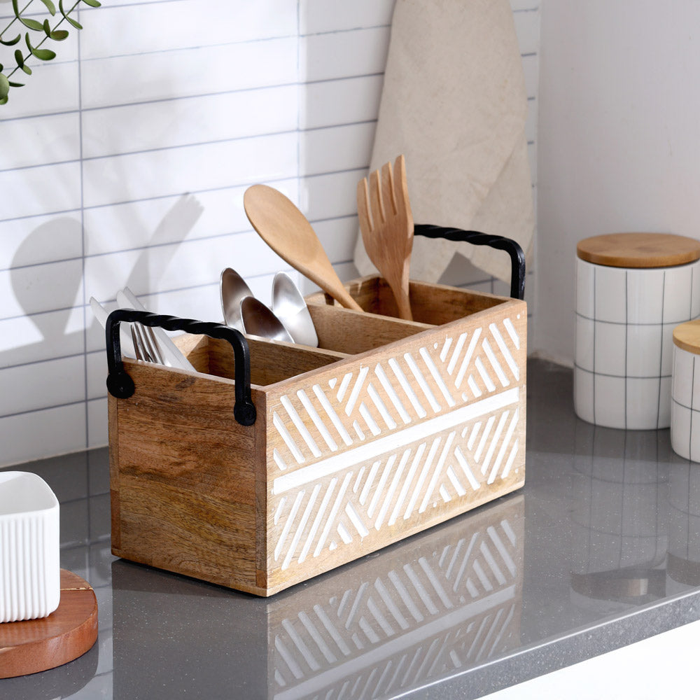 Herringbone Rectangular Sectioned Caddy - Vintage White