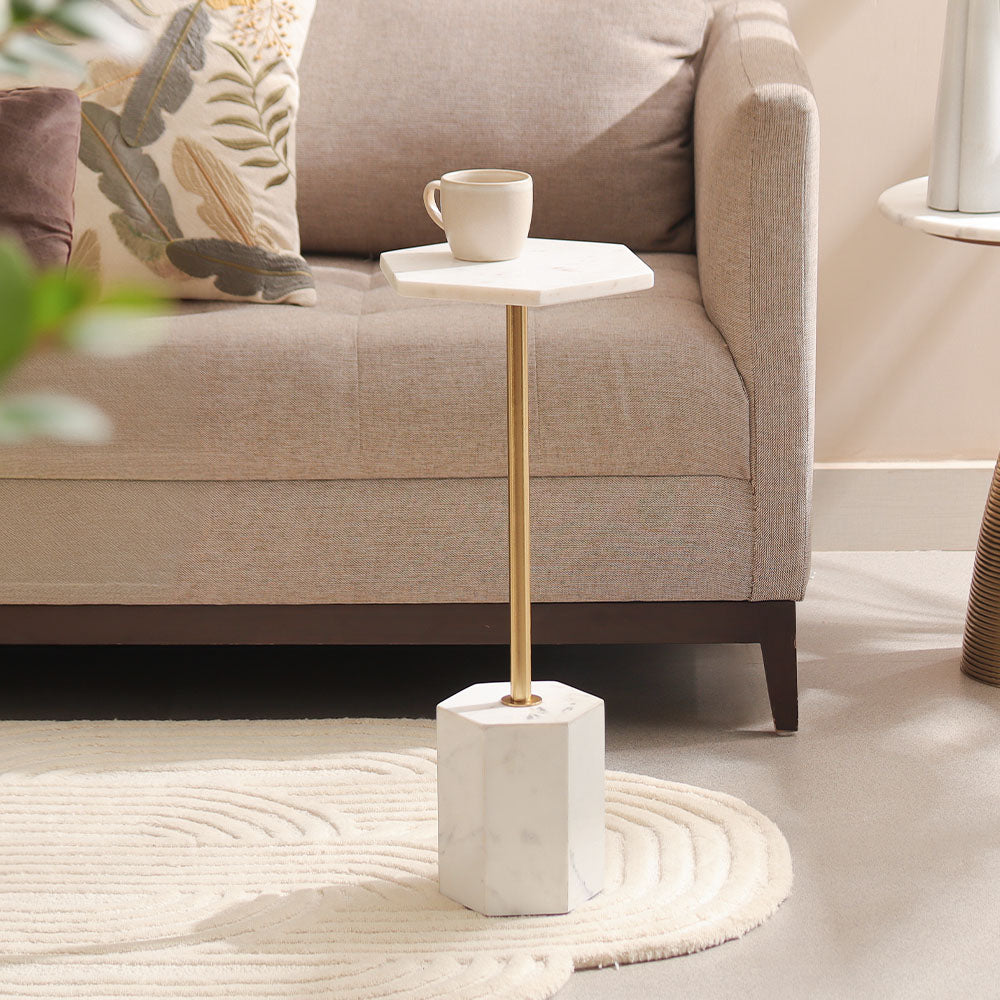 Hex Marble Pedestal Drink Table - White Gold