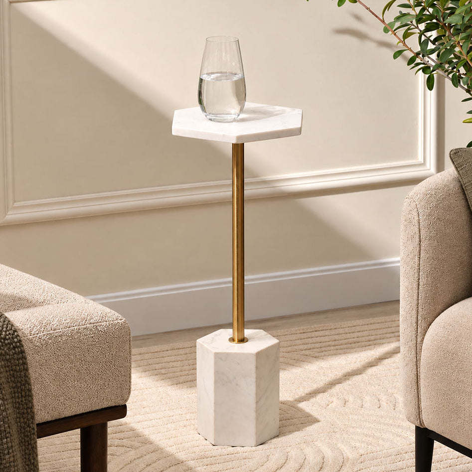Hex Marble Pedestal Drink Table - White Gold