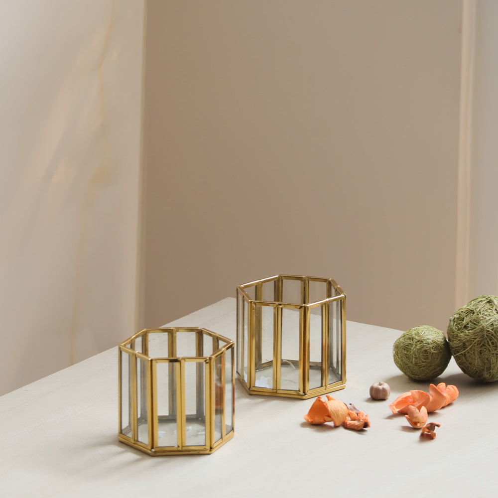 Hexagon Tealight Holders Tall, Set of 2 - Gold