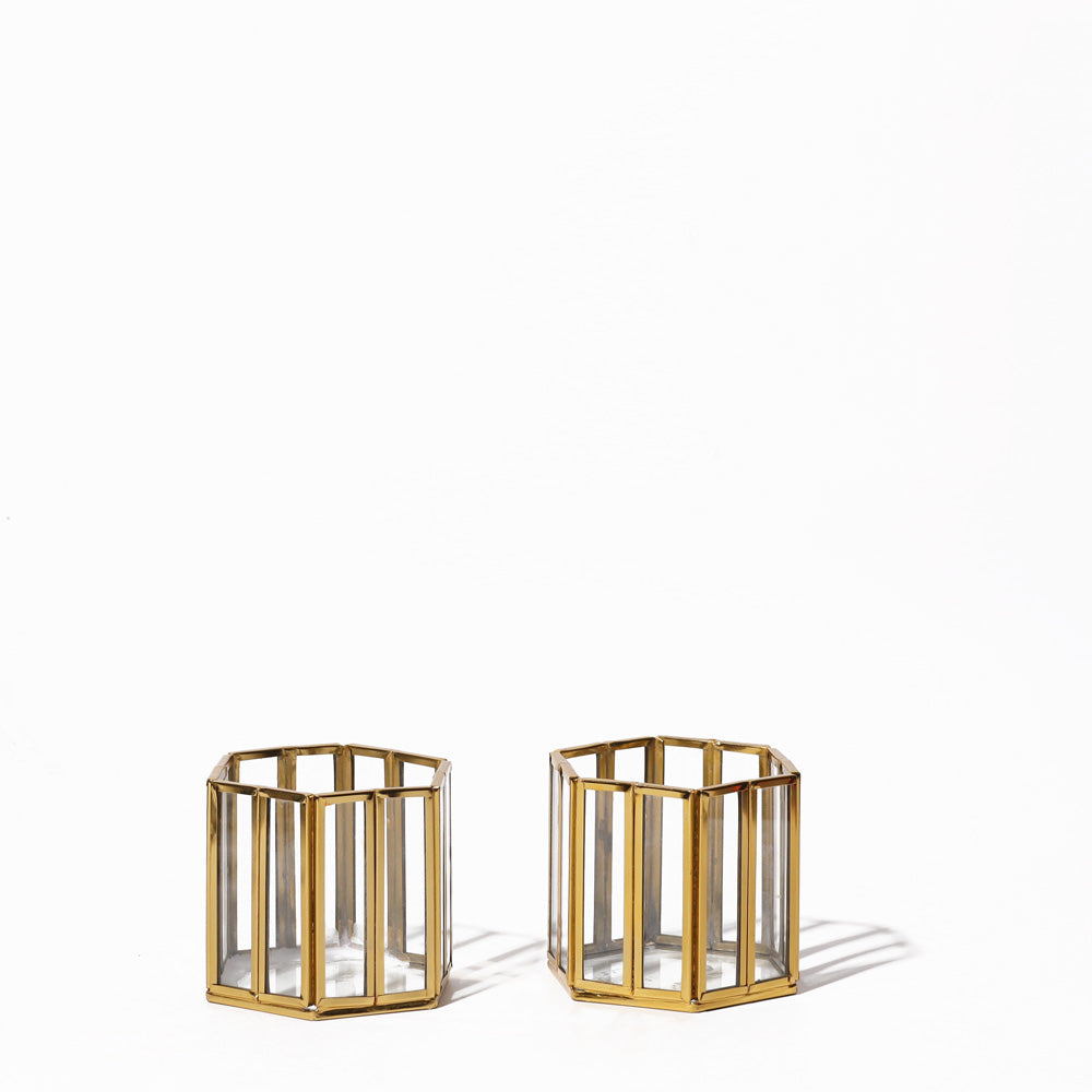 Hexagon Tealight Holders Tall, Set of 2 - Gold
