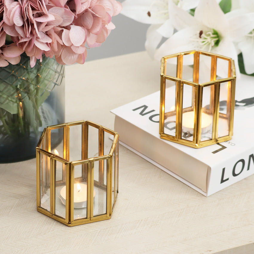 Hexagon Tealight Holders Tall, Set of 2 - Gold