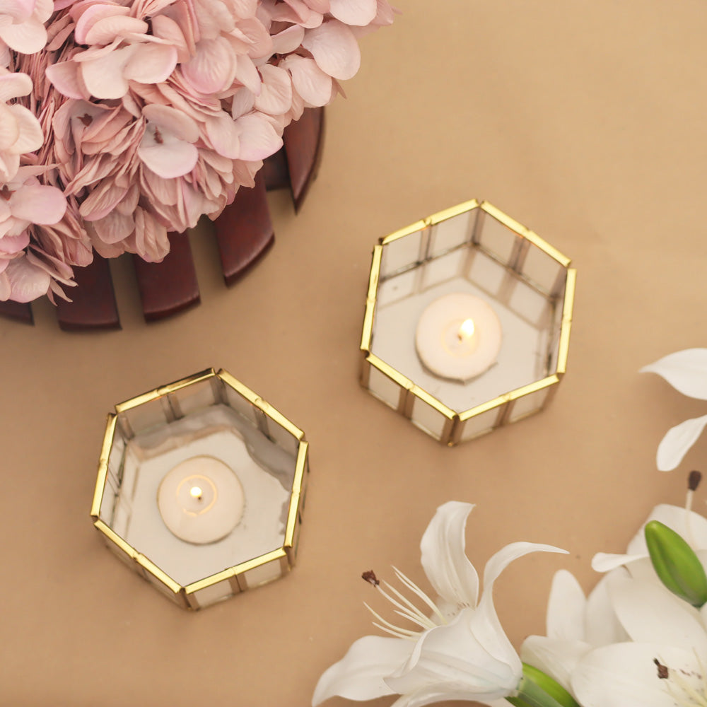 Hexagon Tealight Holders Tall, Set of 2 - Gold