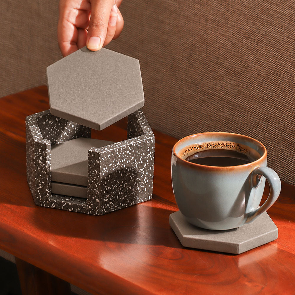 Hexagonal Concrete Coasters with Holder, Set of 4 - Speckled Grey