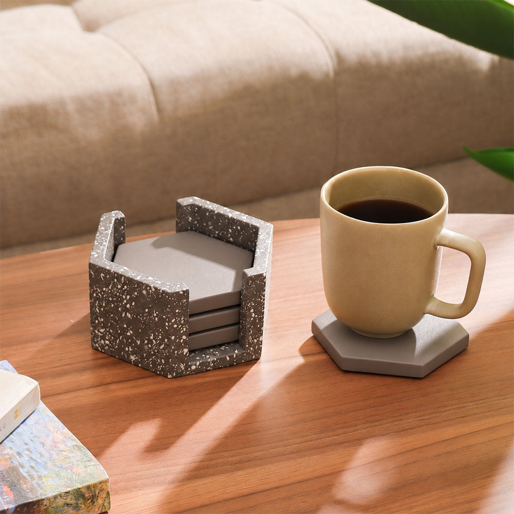 Hexagonal Concrete Coasters with Holder, Set of 4 - Speckled Grey