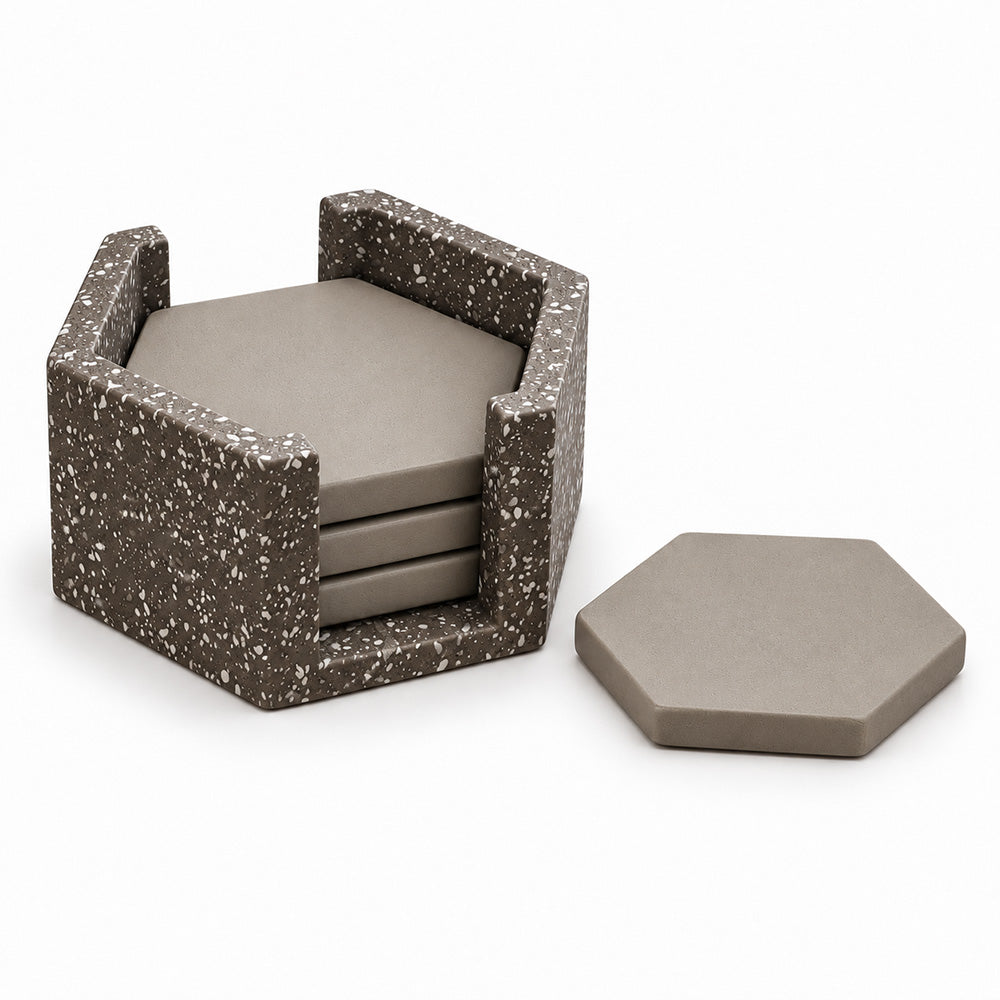 Hexagonal Concrete Coasters with Holder, Set of 4 - Speckled Grey