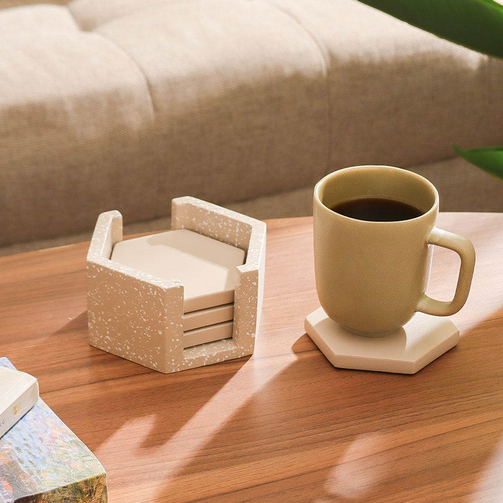 Hexagonal Concrete Coasters with Holder, Set of 4 - Speckled Taupe