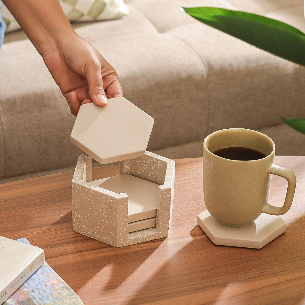 Hexagonal Concrete Coasters with Holder, Set of 4 - Speckled Taupe