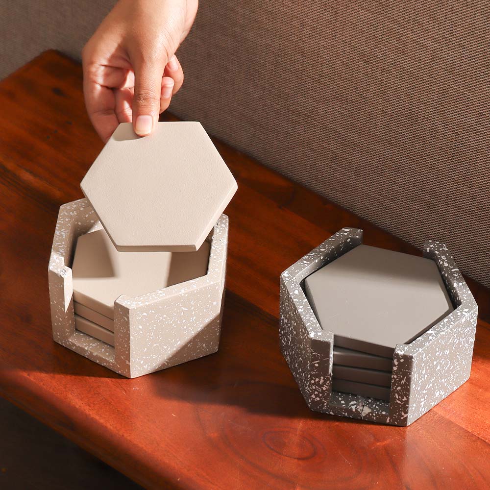 Hexagonal Concrete Coasters with Holder, Set of 4 - Speckled Taupe