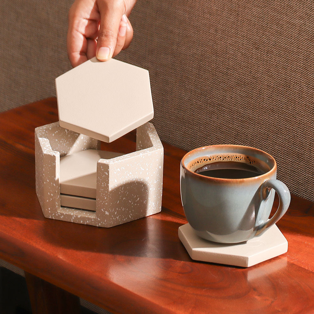Hexagonal Concrete Coasters with Holder, Set of 4 - Speckled Taupe
