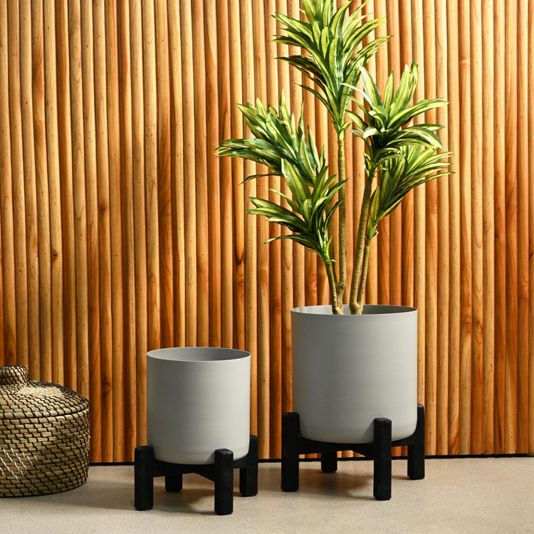 Hila Round Planters with Wooden Stands, Set of 2 - Light Grey