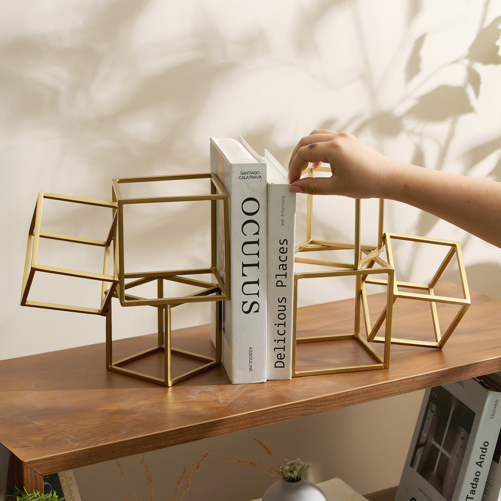 Hollow Blocks Metal Bookends, Set of 2 - Gold