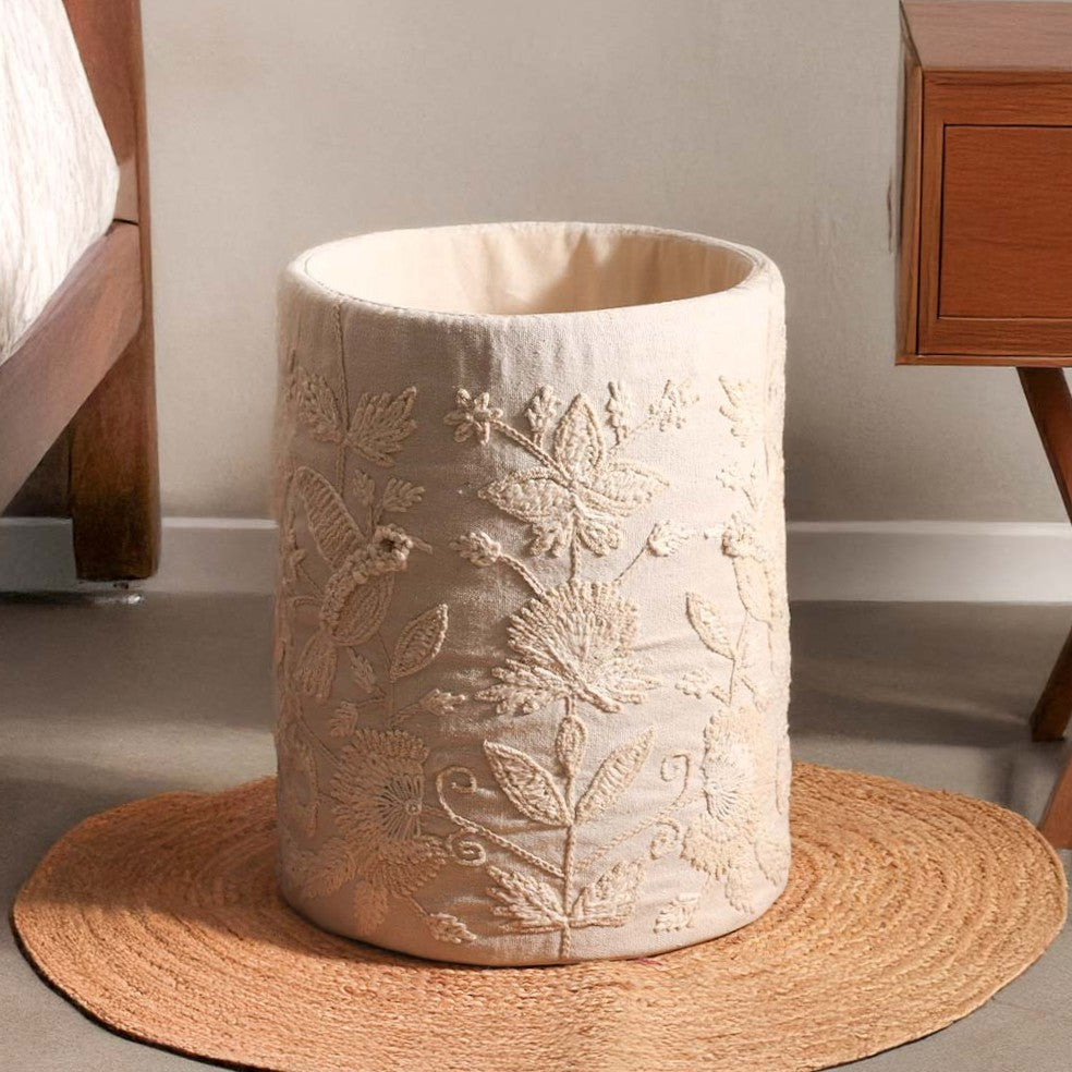 Hummingbird Embroidered Storage Basket - Beige