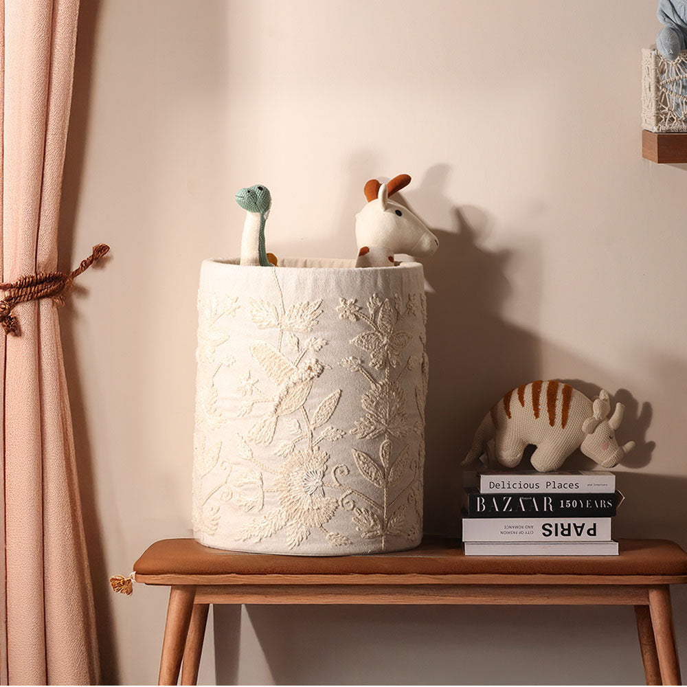 Hummingbird Embroidered Storage Basket - Beige