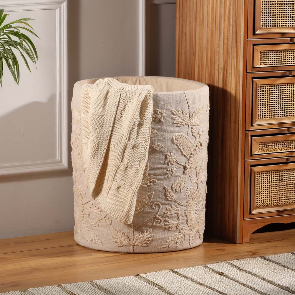 Hummingbird Embroidered Storage Basket - Beige